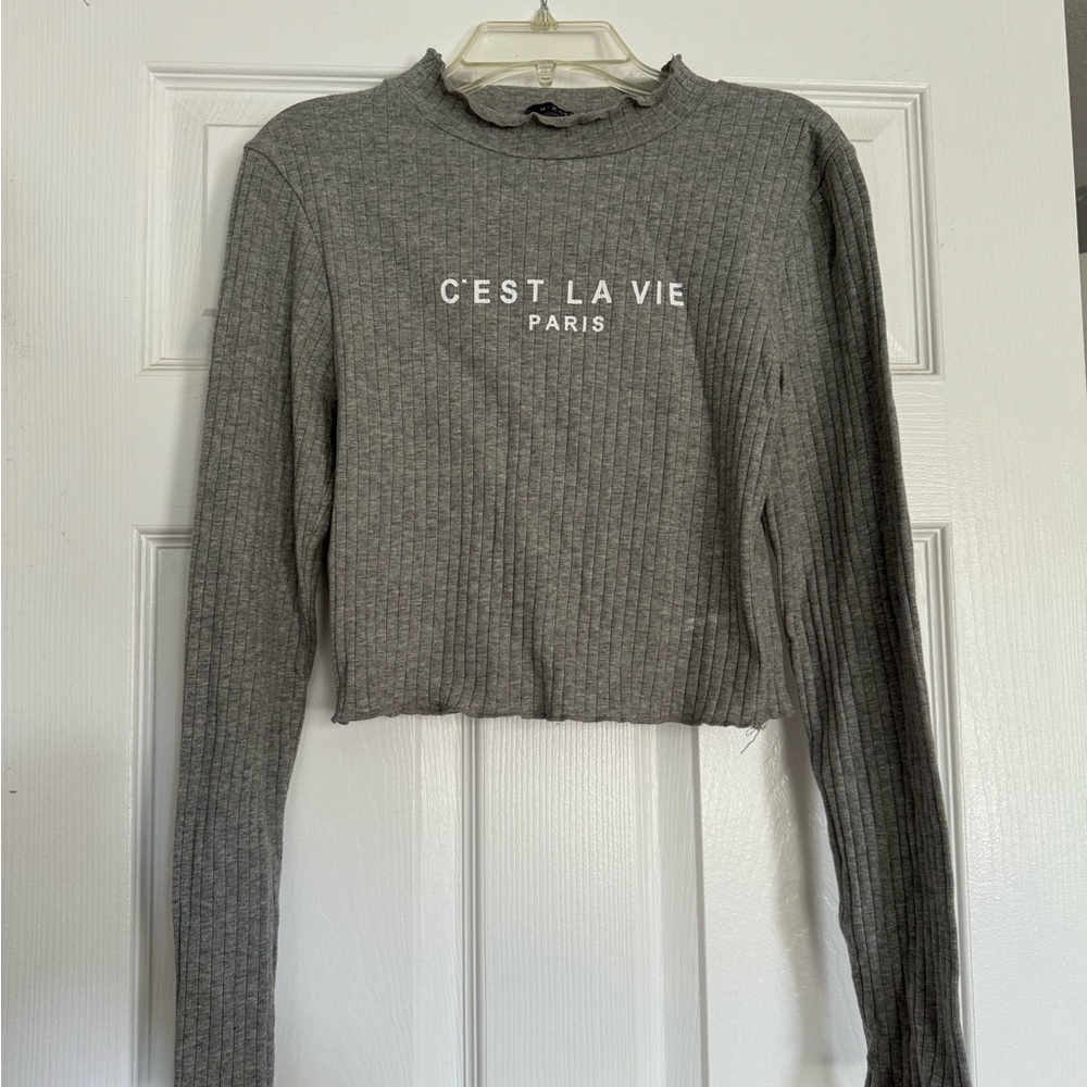 Gray Cropped Ribbed long sleeve